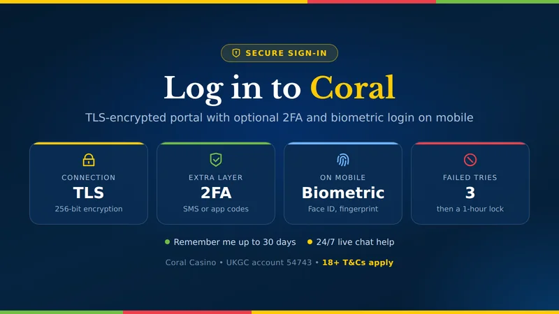 Coral Casino secure sign-in card: TLS encryption, optional two-factor authentication, biometric login and a lock after three failed attempts