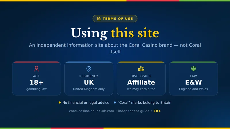 Terms of use card for coral-casino-online-uk.com: 18+ only, UK residents, affiliate disclosure, law of England and Wales
